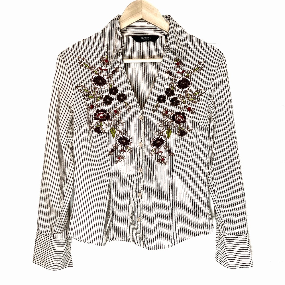 Express Embroidered Floral Long Sleeve Button Down